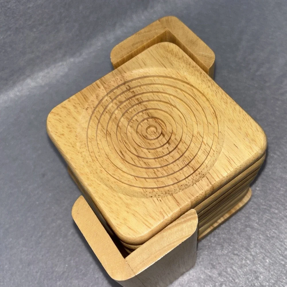 Vintage Light Blonde Oak Drink Coaster Set W/Stand 8pc Cut Circles 80s Thailand